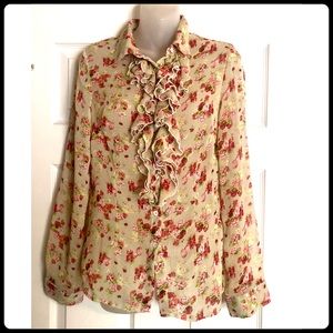 Sheer Mesh Floral Tuxedo Ruffle Long Sleeve Shirt Cottagecore Style